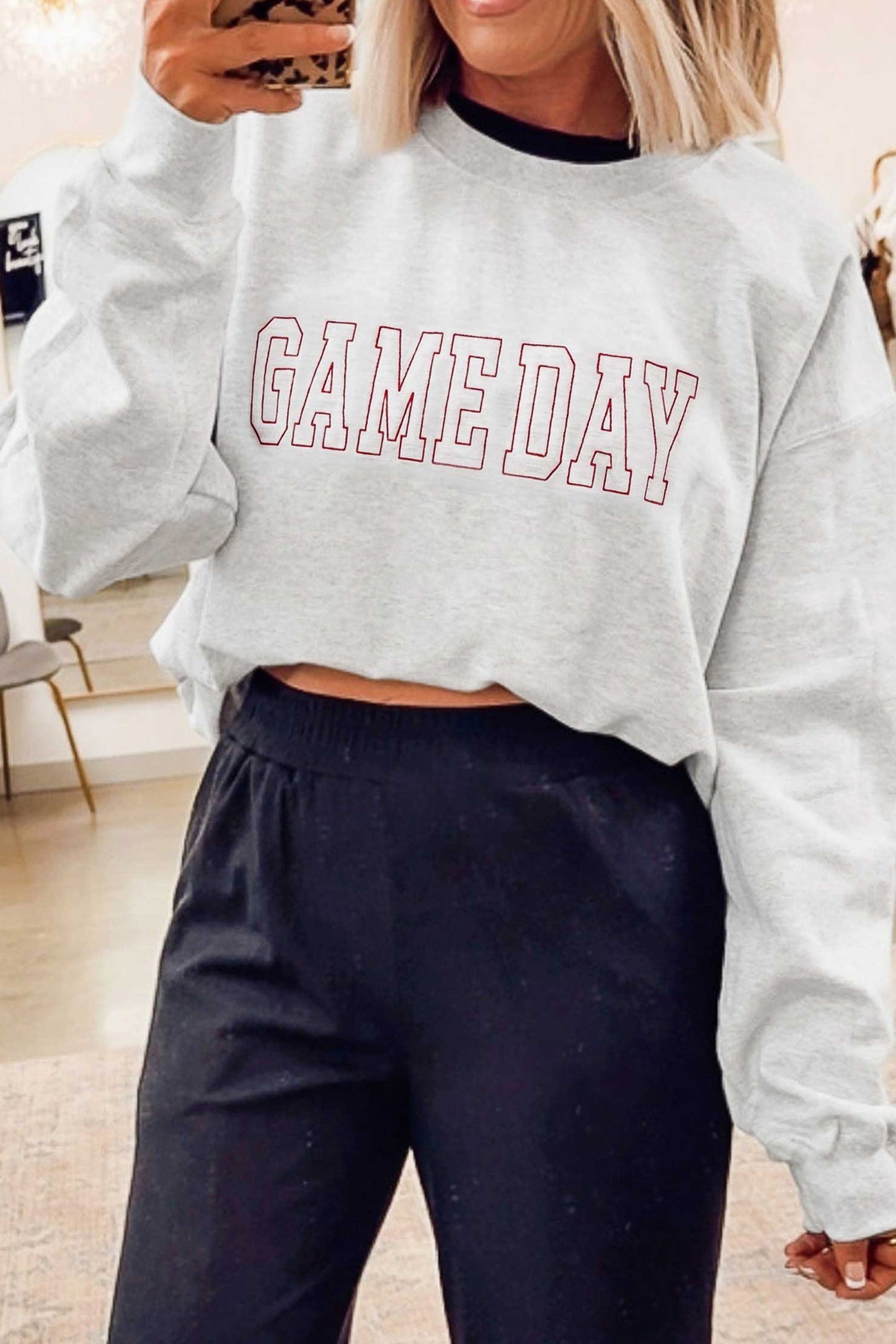 Light Grey Game Day Letter Embroidery Long Sleeve Round Neck Sweatshirt