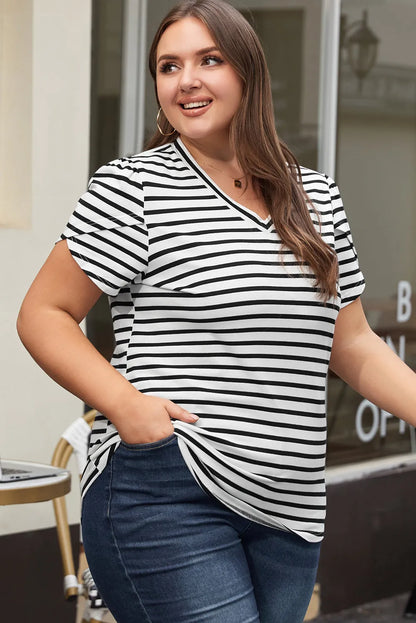 White Stripe V Neck Petal Sleeve Plus Size T-Shirt - Chic Meadow Boutique 