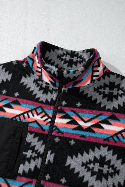 Black Aztec Printed Zip Up Collar Jacket - Chic Meadow Boutique 