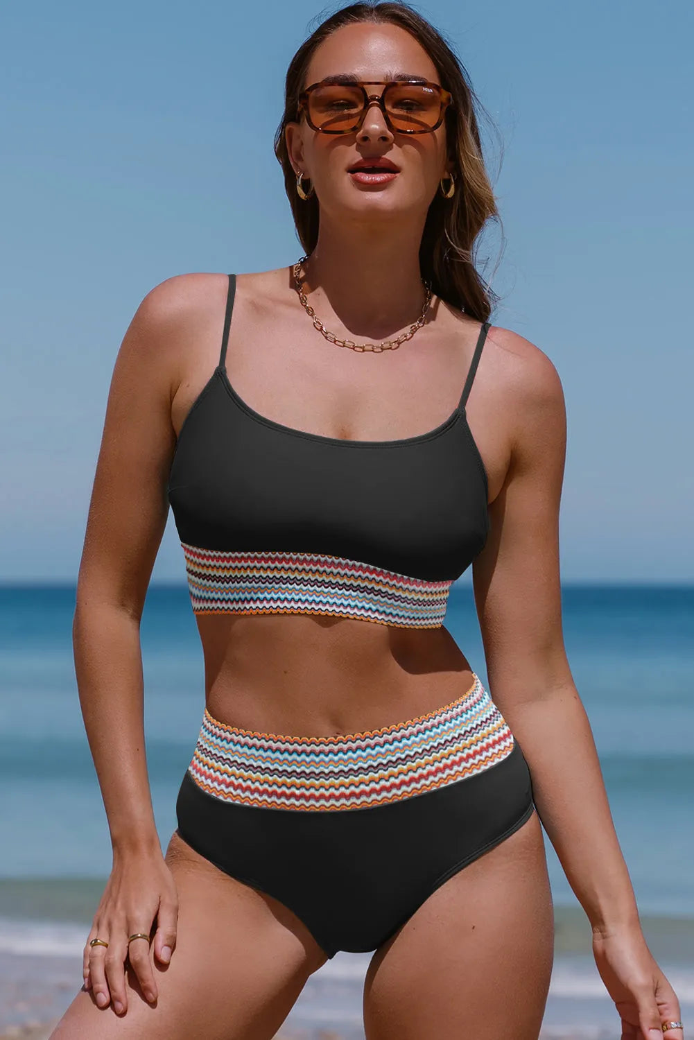 Black Striped Patchwork Spaghetti Strap High Waist Bikini Swimsuit - Chic Meadow Boutique 