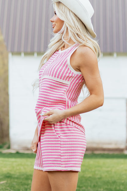Pink Stripe Textured Contrast Trim Casual Tank and Shorts Set