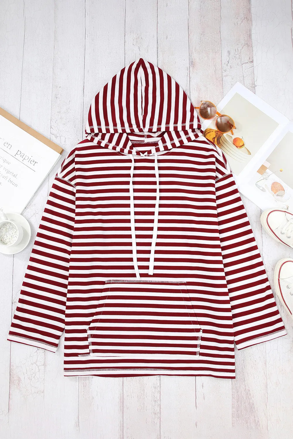 Burgundy Stripe Kangaroo Pocket Drawstring Hoodie - Chic Meadow Boutique 