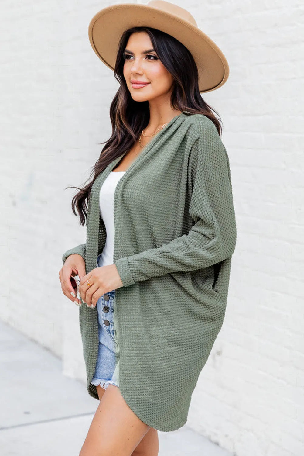 Laurel Green Waffle Knit Open Front Cardigan - Chic Meadow Boutique 