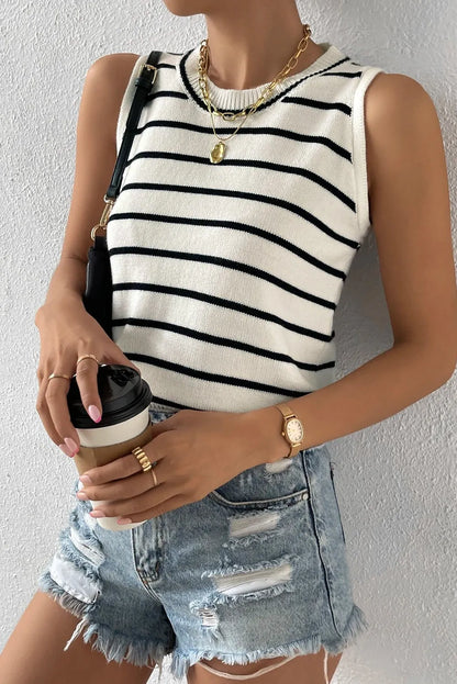 White Striped Round Neck Sweater Vest - Chic Meadow Boutique 