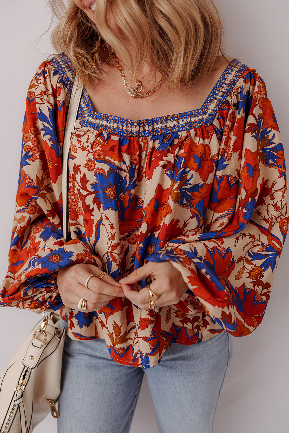 Multicolour Floral Print Square Neck Backless Loose Fit Blouse