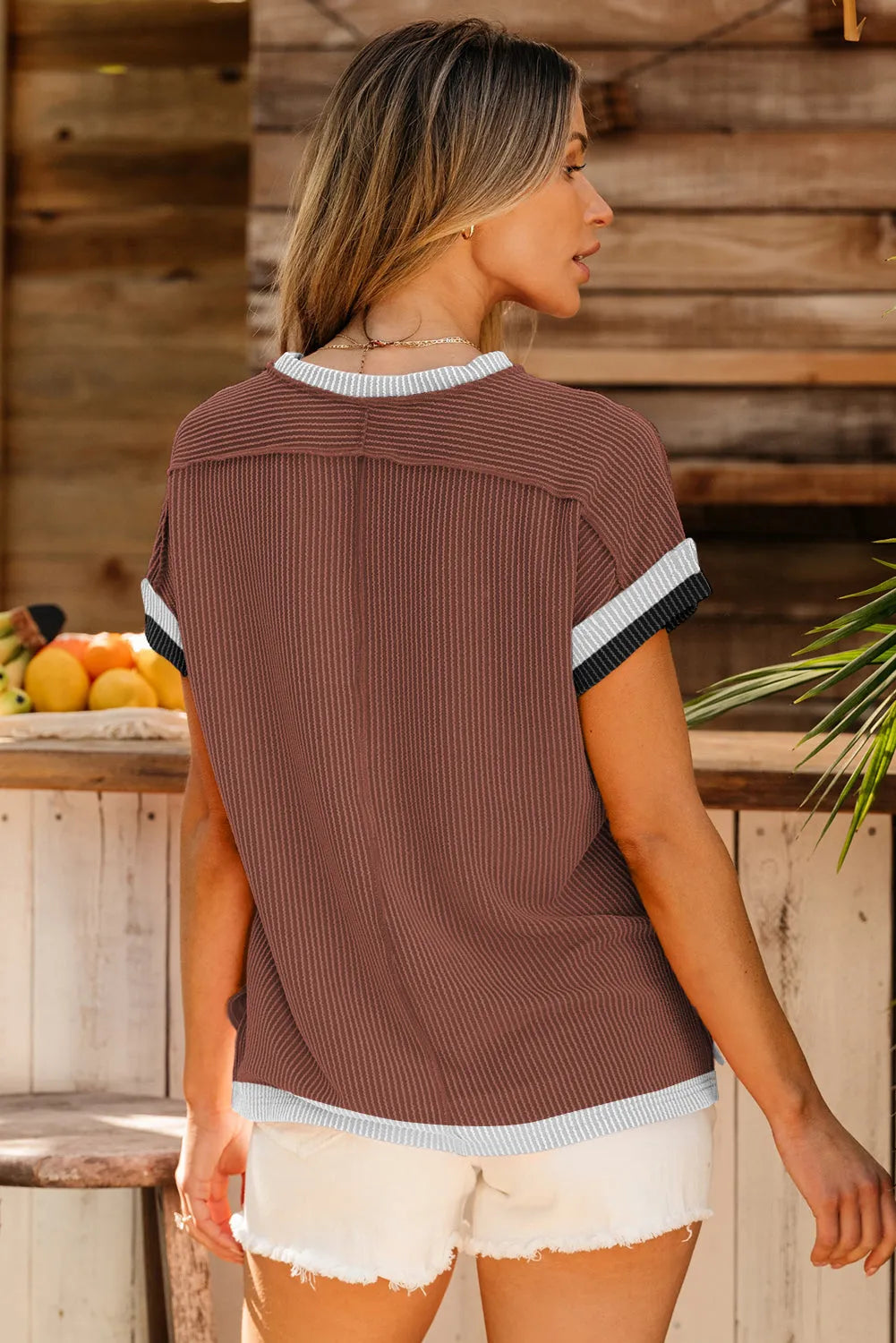 Coffee Textured Contrast Trim Round Neck T Shirt - Chic Meadow Boutique 