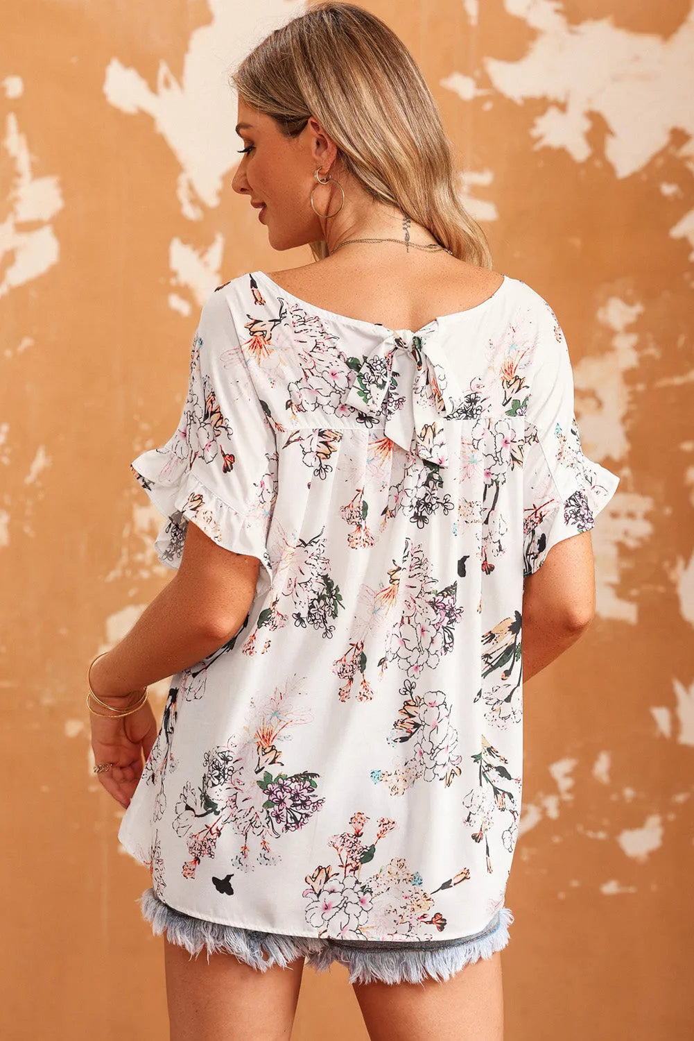 White Floral Ruffled Short Sleeve Back Knot Blouse - Chic Meadow Boutique 