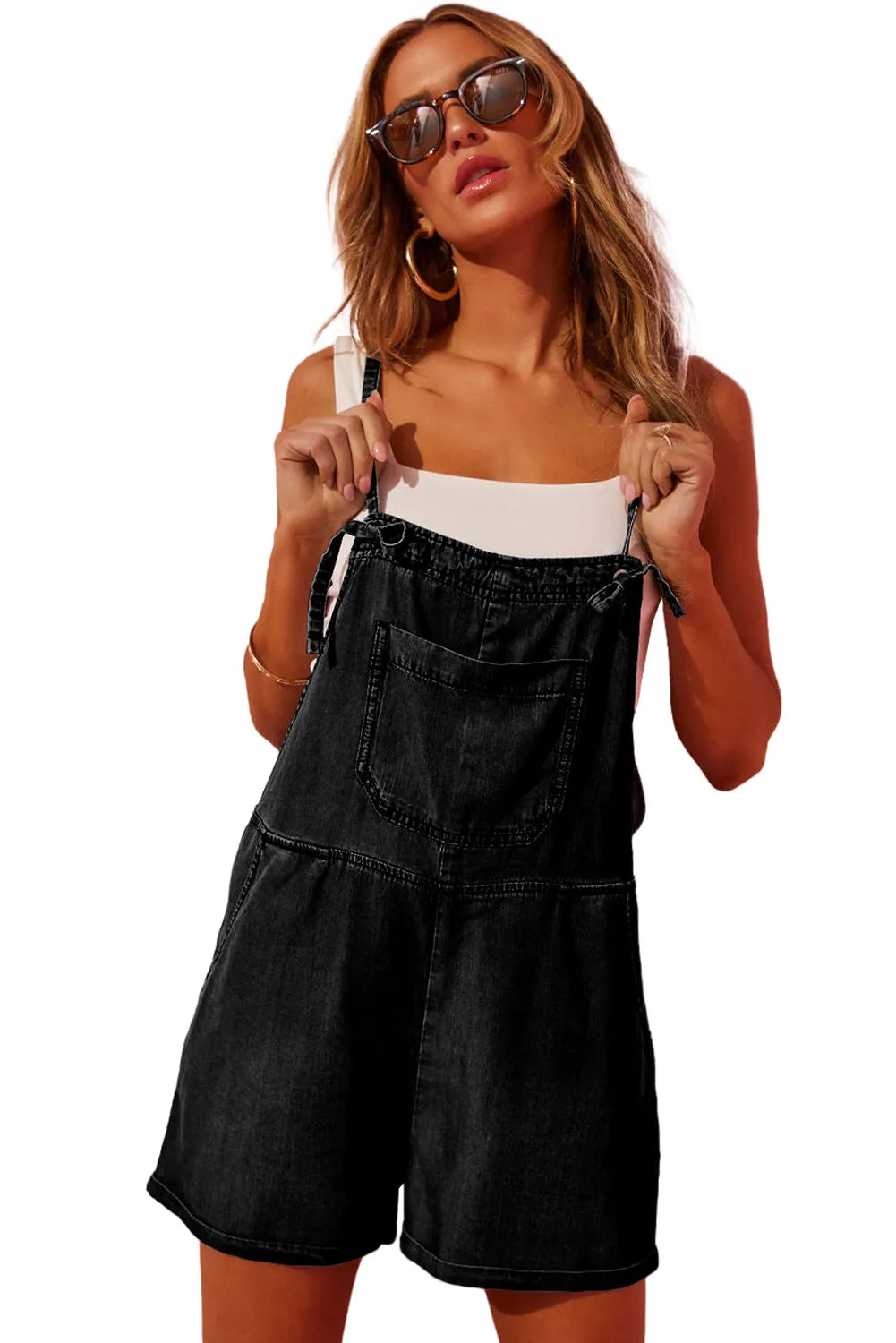 Black Grommet Tie Straps Casual Denim Romper - Chic Meadow Boutique 