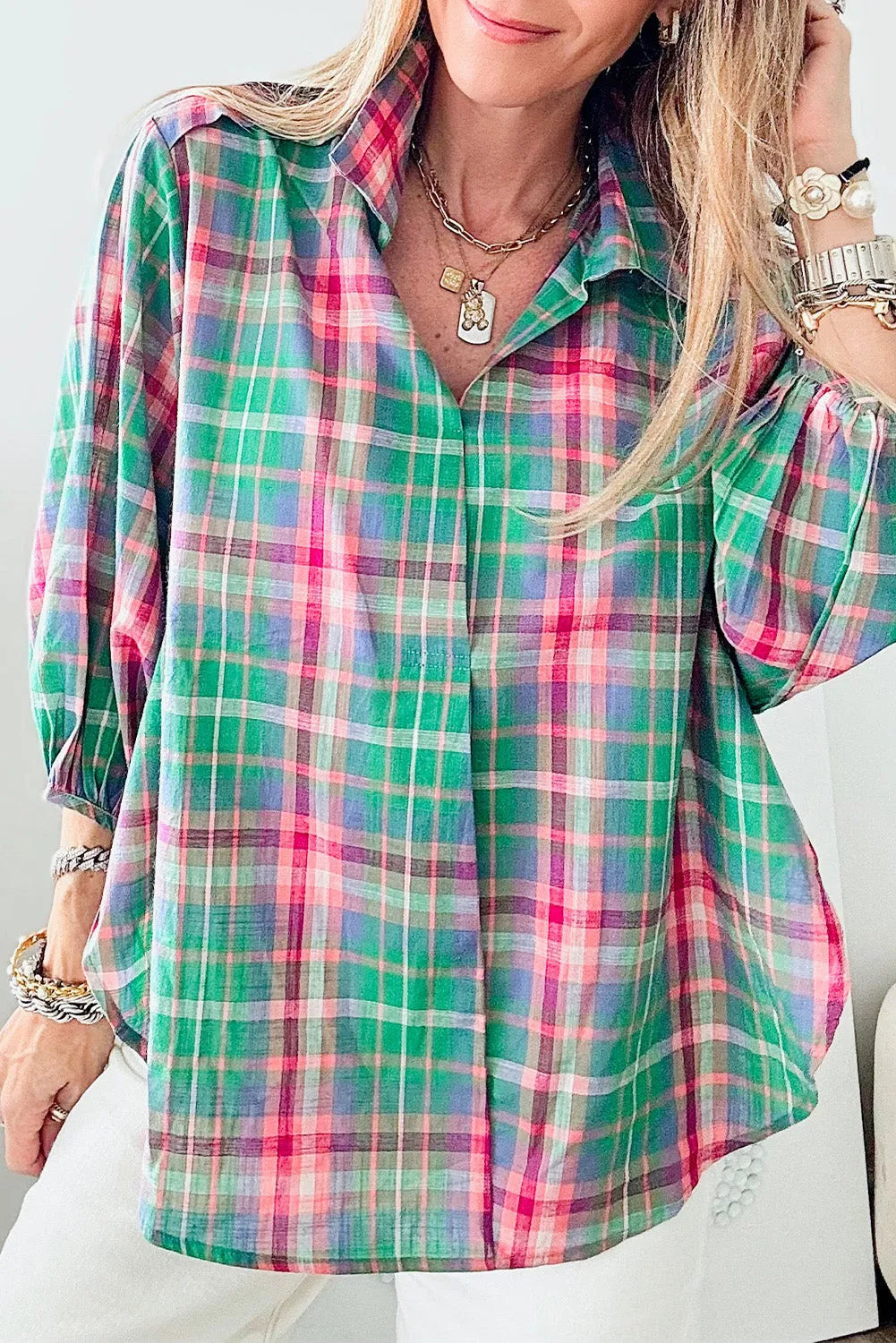 Green Checkered 3/4 Sleeve Collared Loose Fit Shirt - Chic Meadow Boutique 