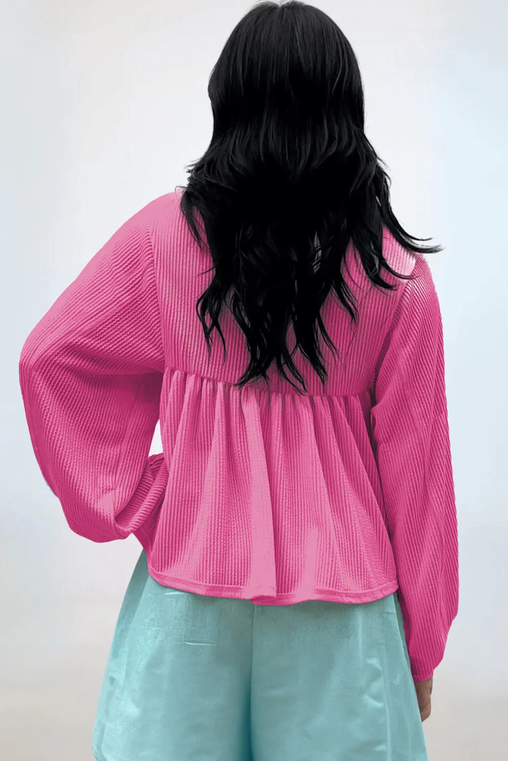 Bright Pink Corded Turn-down V Neck Bubble Sleeve Babydoll Blouse - Chic Meadow Boutique 