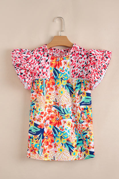 Red Floral Mixed Print Ruffle Cap Sleeve Blouse