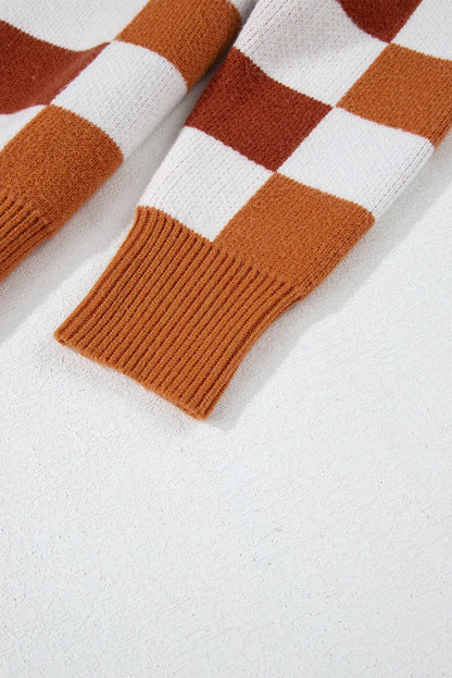 Orange Checkered Ribbed Edge O Neck Drop Shoulder Sweater - Chic Meadow Boutique 