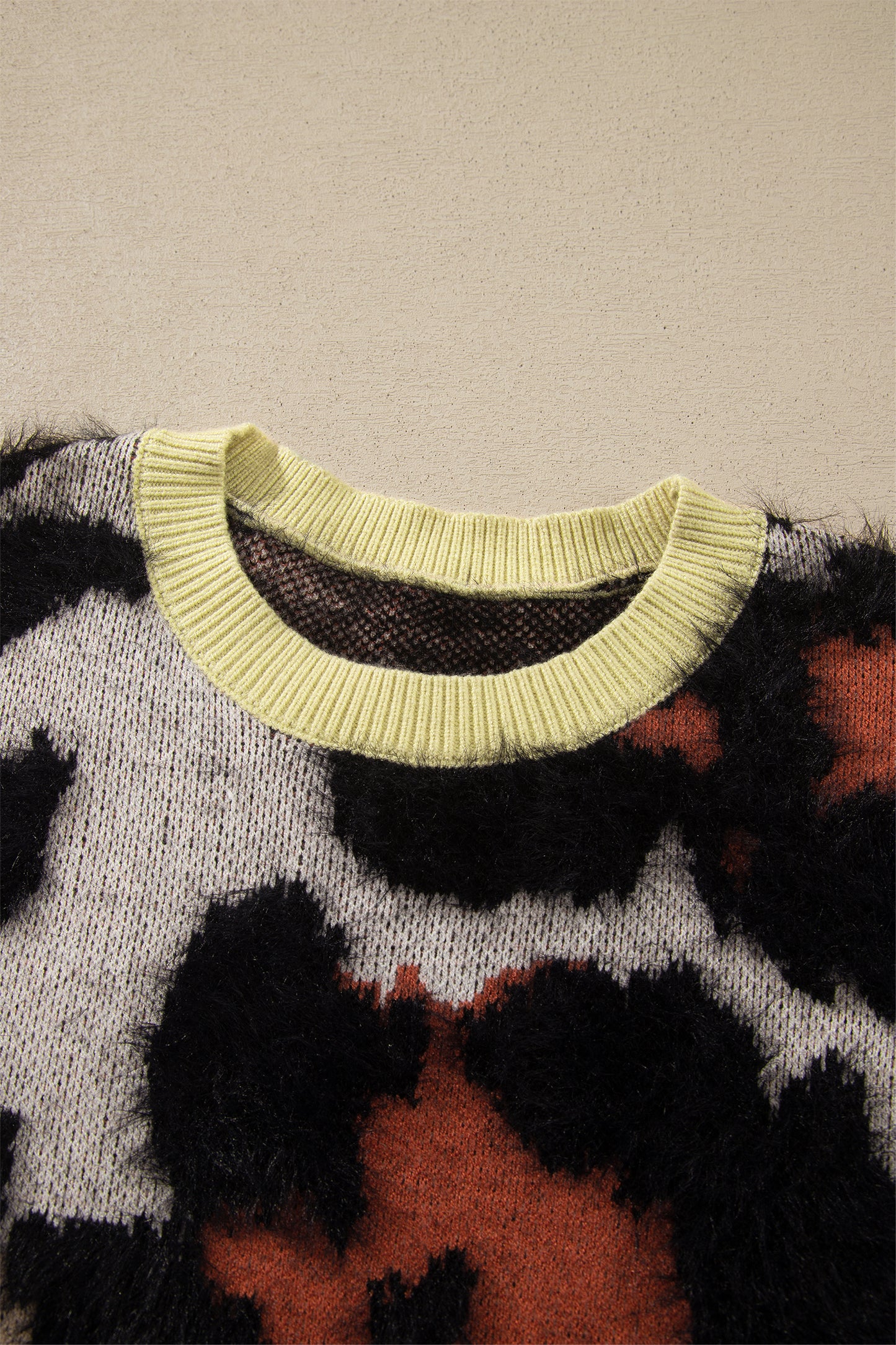 Khaki Leopard Print Drop Shoulder Long Sleeve Round Neck Sweater