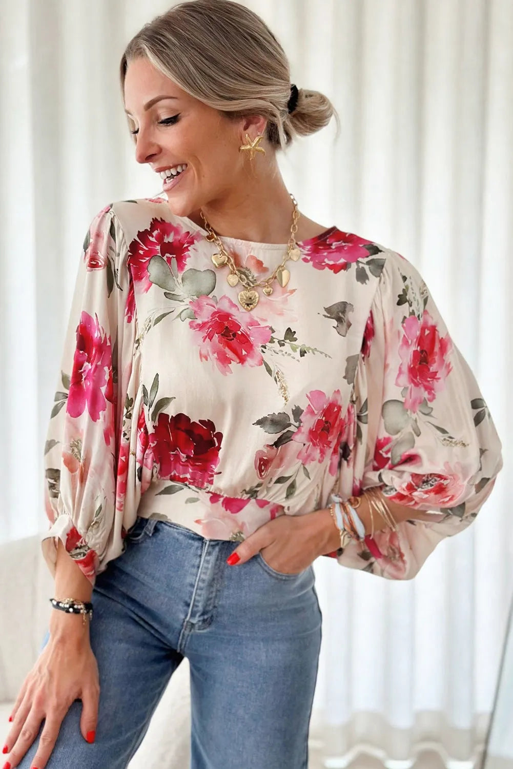 Rose Floral 3/4 Sleeve Lace-up Back Blouse - Chic Meadow Boutique 