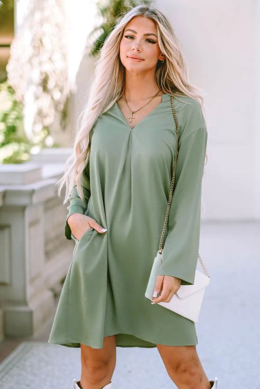 Green Roll-tab Sleeve Flowy Casual Dress - Chic Meadow Boutique 