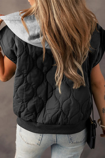 Black Quilted Drawstring Hooded Zip Up Puffer Vest - Chic Meadow Boutique 