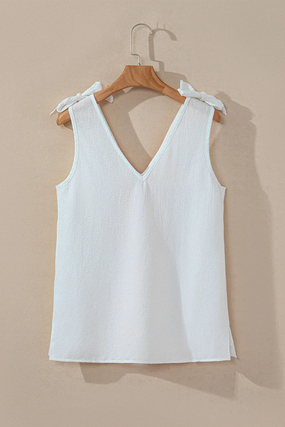 White Floral Embroidered Knot Straps Textured Tank Top - Chic Meadow Boutique 