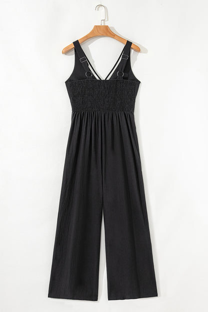 Black Front Cut Out Smocked Back Sleeveless Wide Leg Jumpsuit