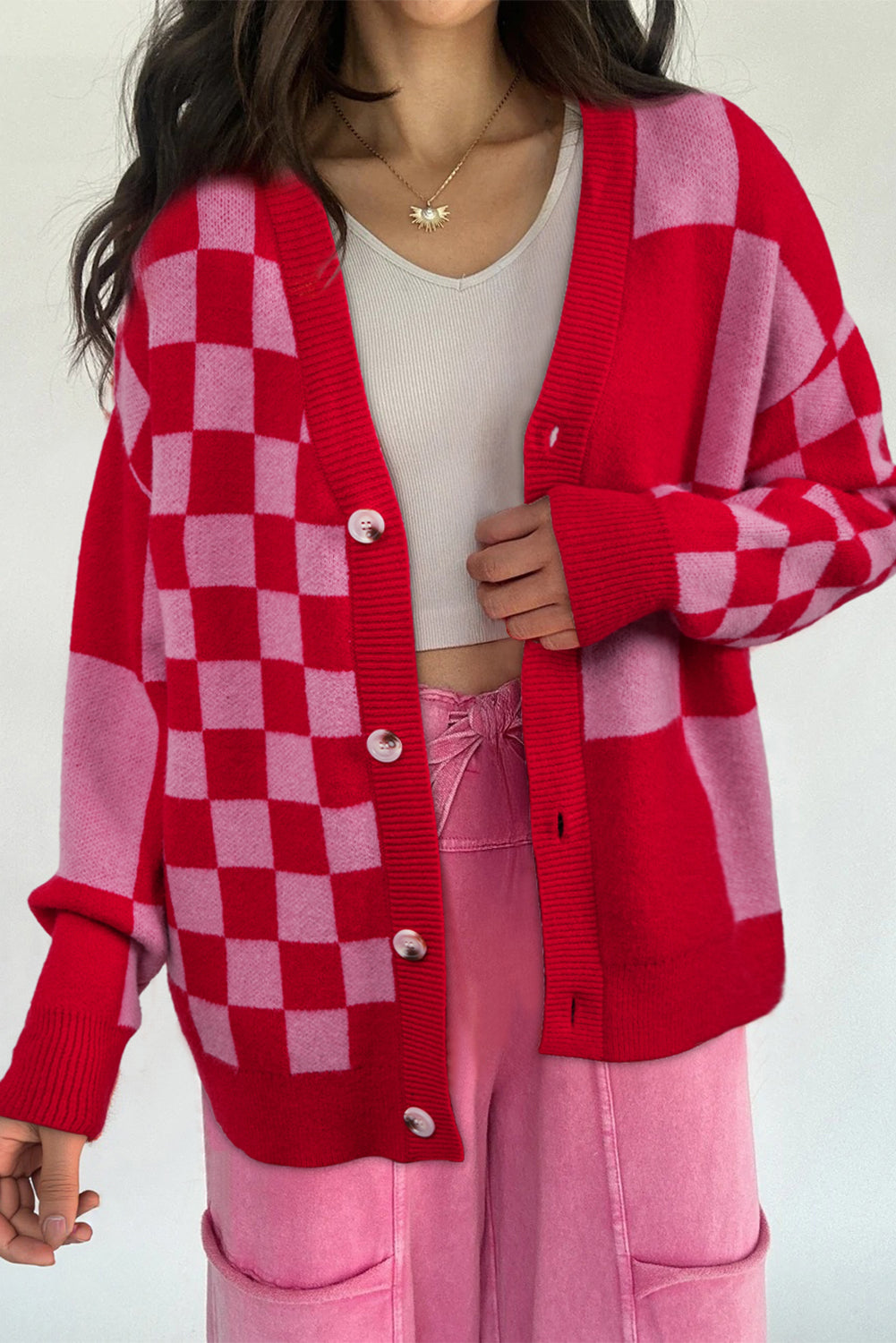 Fiery Red Mixed Plaid Relaxed Sweater Cardigan