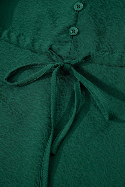 Blackish Green Solid Long Sleeve Button V Neck Tiered Maxi Dress