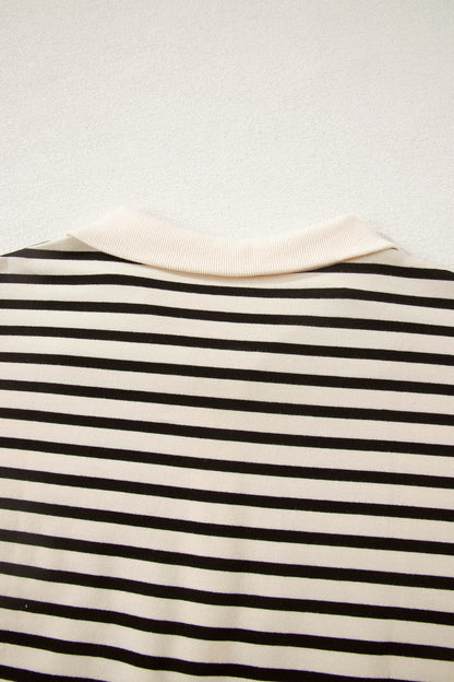 Black Stripe Ribbed Color Block Trim Zip Polo Tee Drawstring Shorts 2pcs Outfit