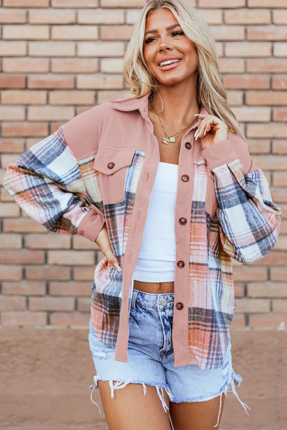 Light Pink Plaid Corduroy Patchwork Chest Pocket Shacket - Chic Meadow Boutique 