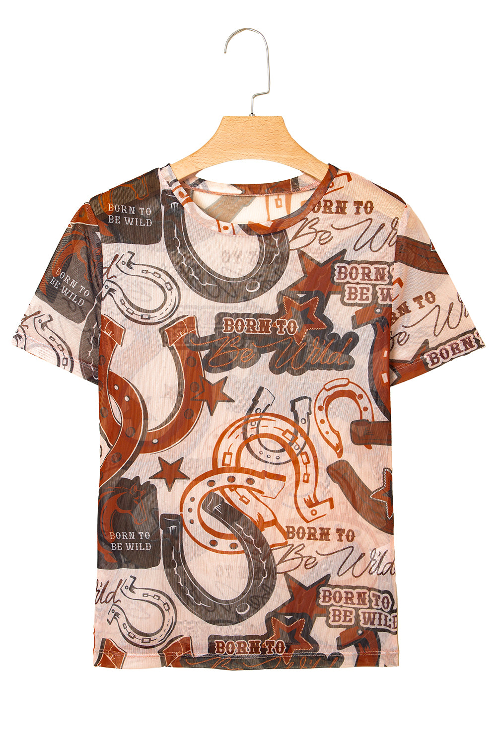 Brown Western Horseshoe Printed Mesh T Shirt