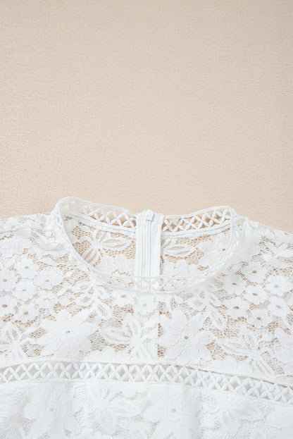 White Short Sleeve Scalloped Floral Lace Peplum Blouse