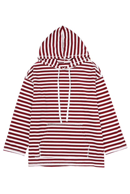 Burgundy Stripe Kangaroo Pocket Drawstring Hoodie - Chic Meadow Boutique 