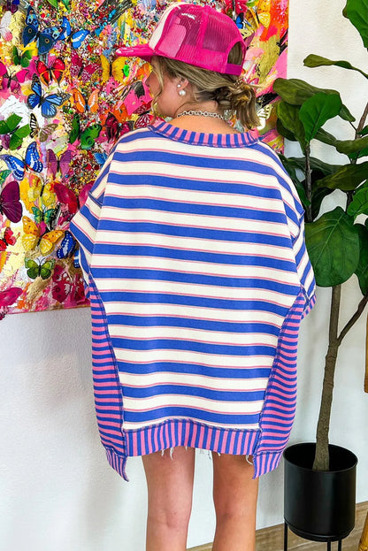 Blue Stripe Patchwork Exposed Seam Drop Shoulder Oversized Top - Chic Meadow Boutique 