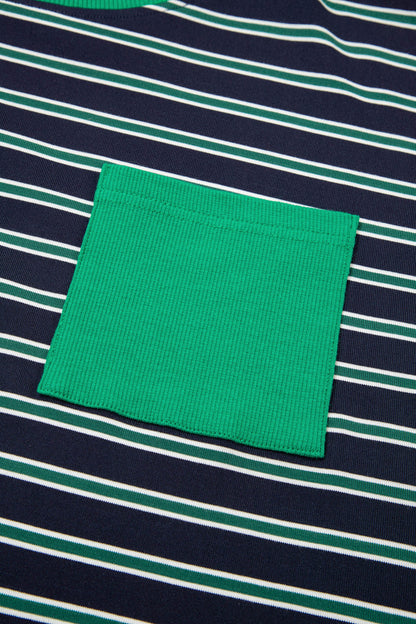 Green Stripe Ribbed Color Block Patchwork Crew Neck Patch Pocket Long Sleeve Top