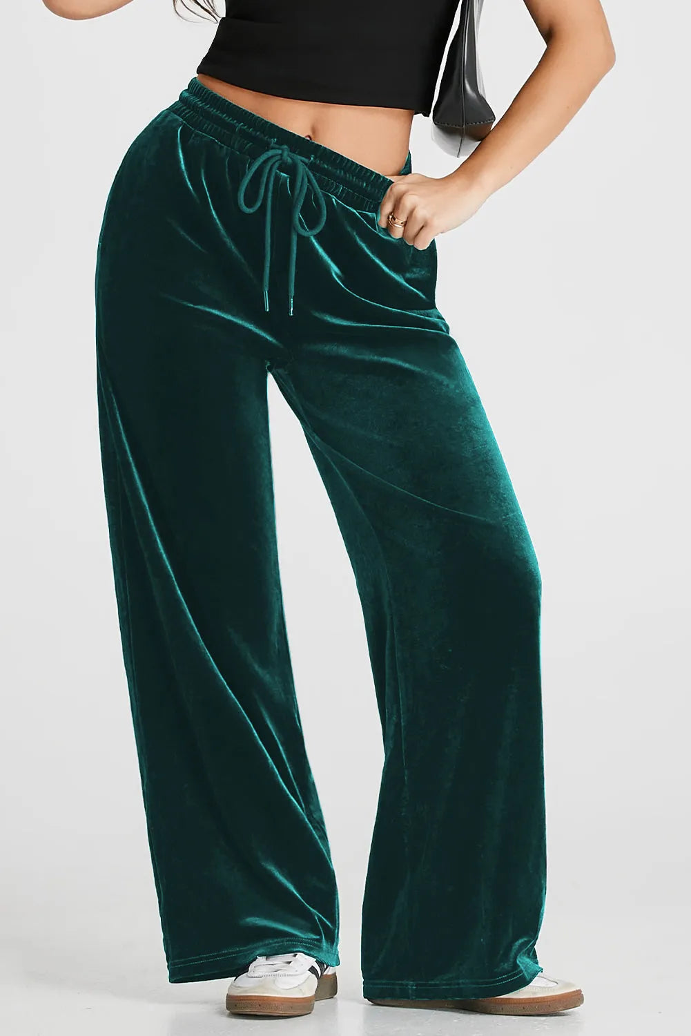 Evergreen Solid Drawstring Waist Wide Leg Pants - Chic Meadow Boutique 