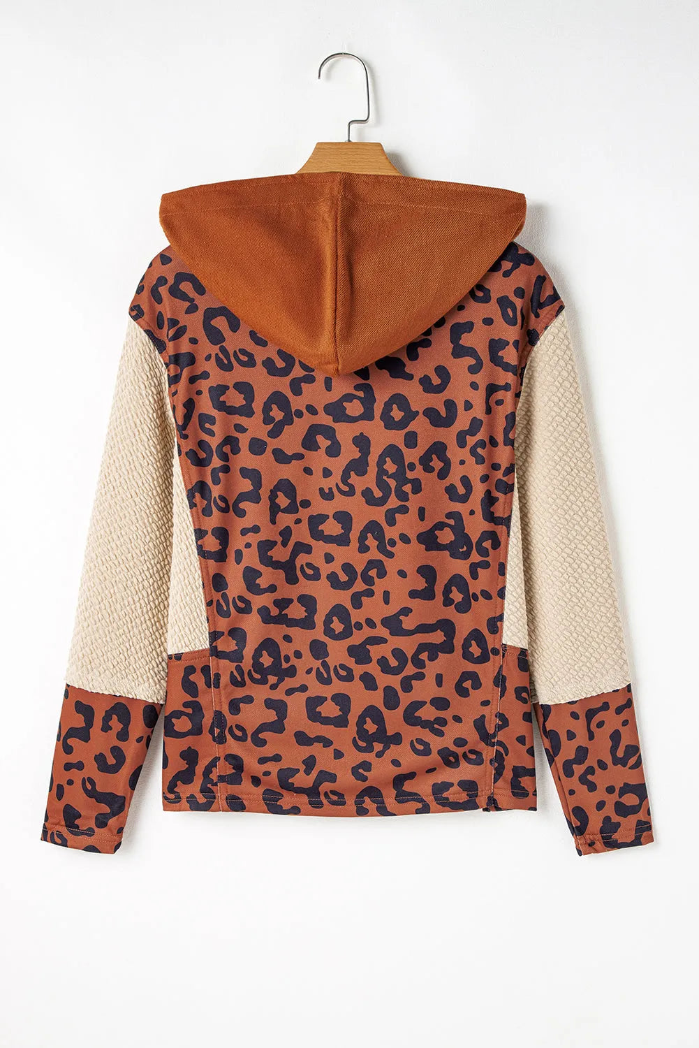 Brown Textured Knit Patchwork Leopard Hoodie - Chic Meadow Boutique 