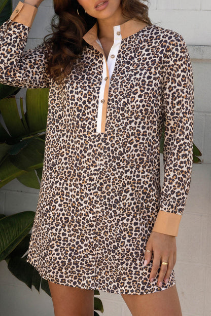 Khaki Button Striped Collar Leopard Print Long Sleeve Flared Dress