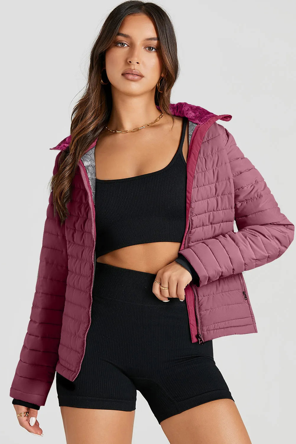 Burgundy Solid Color Quilted Zip-up Puffer Jacket - Chic Meadow Boutique 