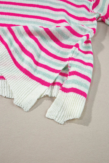 Rose Stripe Oversized Drop Shoulder Sweater with Pocket - Chic Meadow Boutique 