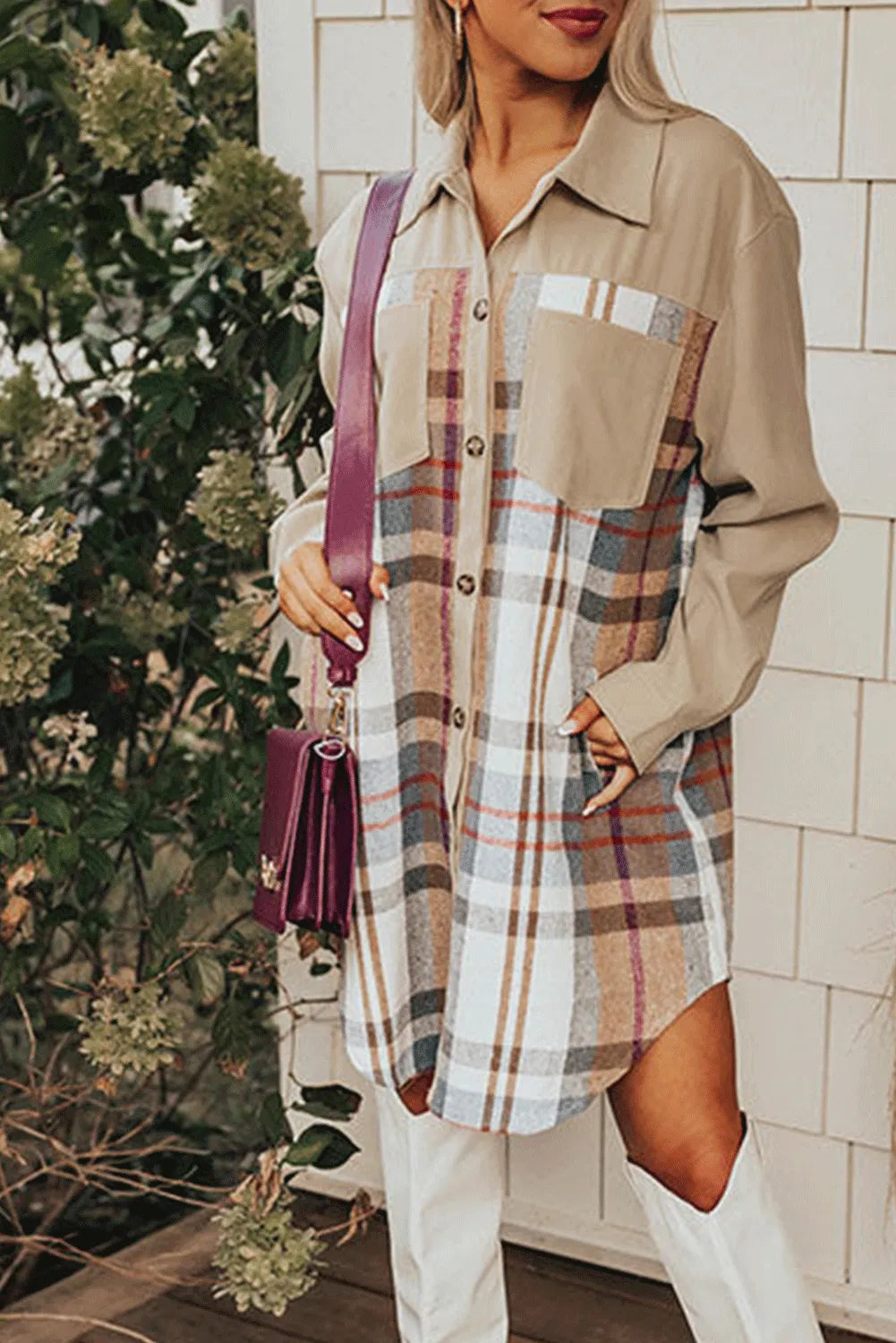 Khaki Plaid Patchwork Long Sleeve Shirt Mini Dress - Chic Meadow Boutique 