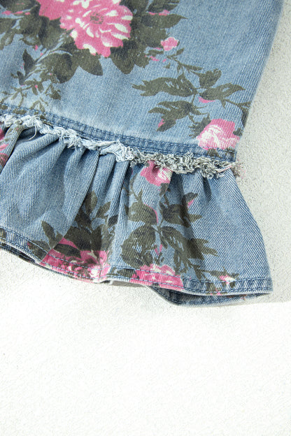 Sky Blue Floral Print Raw Seam Ruffle Hem Denim Jacket
