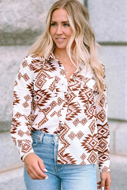 White Western Aztec Pattern Button Flap Pocket Shirt - Chic Meadow Boutique 