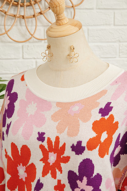 Khaki Fall Floral Pattern Drop Shoulder Sweater