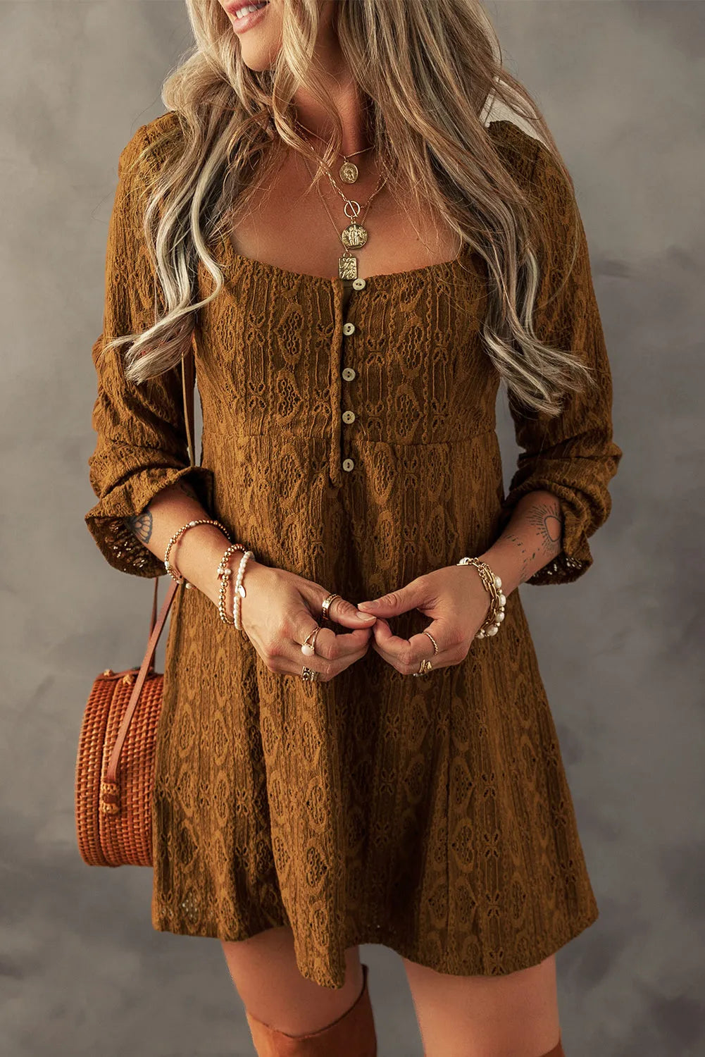 Chestnut Lace Crochet Buttoned Square Neck Shift Mini Dress - Chic Meadow Boutique 