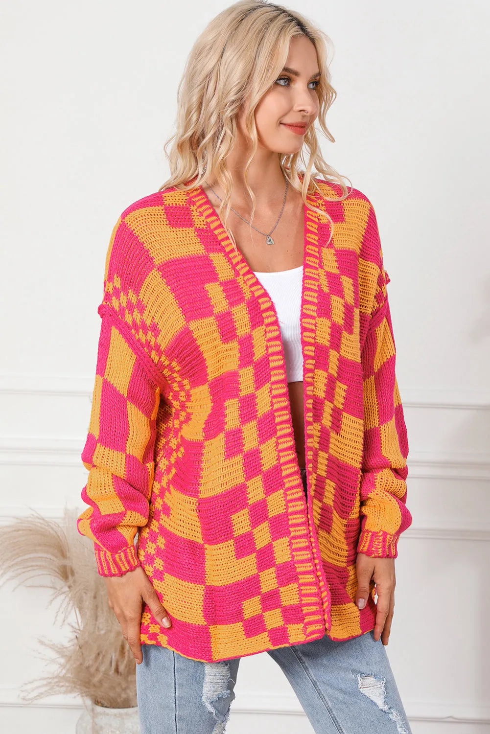 Multicolor Open Front Mixed Checkered Pattern Knit Cardigan - Chic Meadow Boutique 