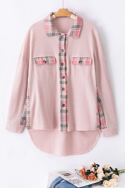 Apricot Pink Plaid Raw Edge High Low Waffle Knit Oversized Shacket - Chic Meadow Boutique 