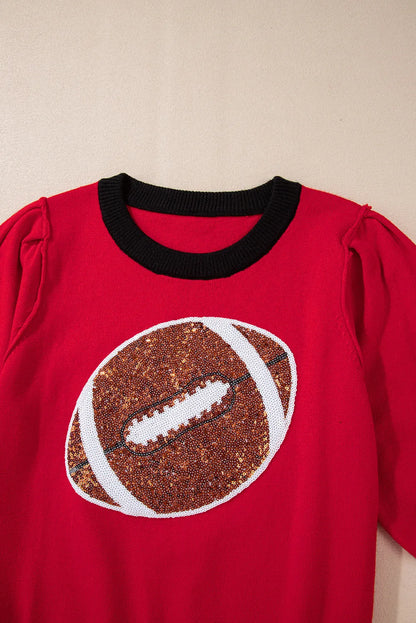 Red Sequin Rugby Color Block Puff Short Sleeve Sweater - Chic Meadow Boutique 