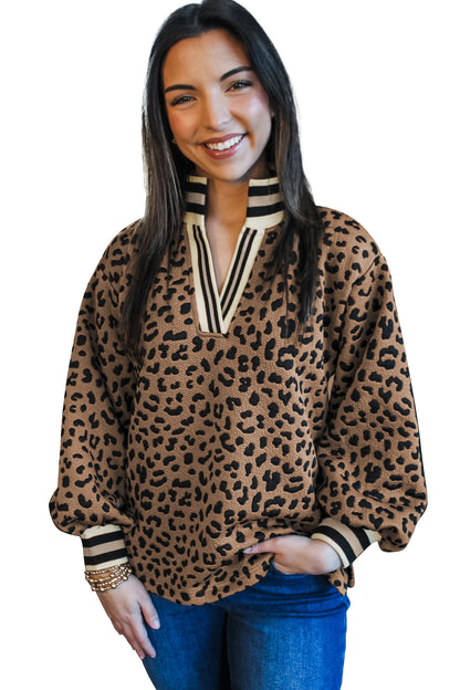 Brown Leopard Print Striped Trim Collar Long Sleeve Shift Pullover