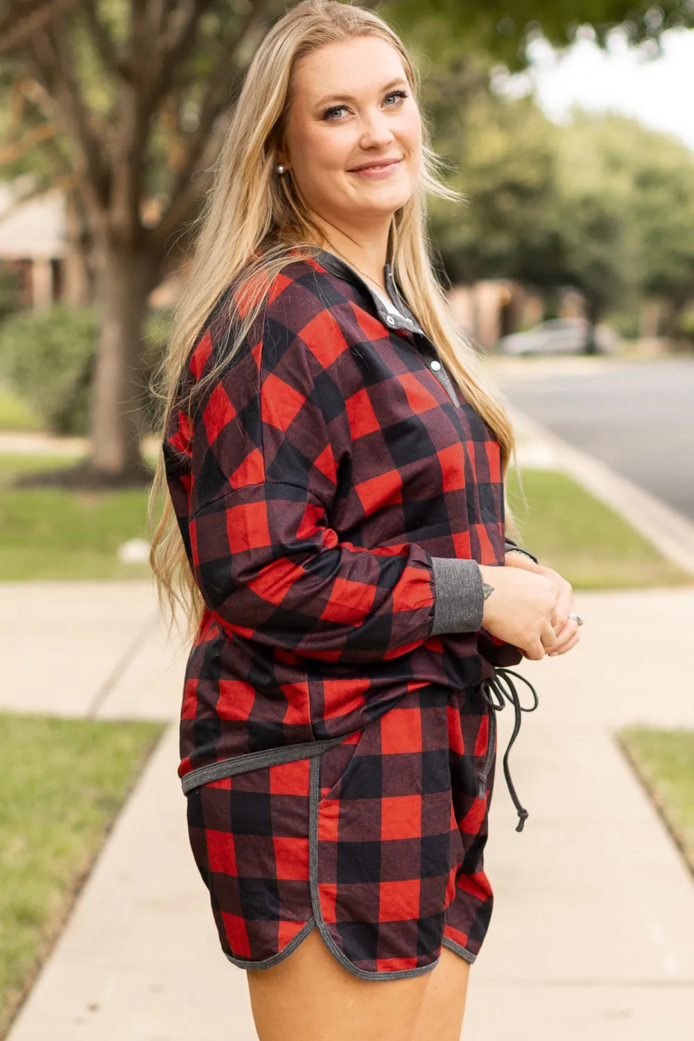 Fiery Red Christmas Buffalo Print Henley Top and Shorts Plus Size Set - Chic Meadow Boutique 