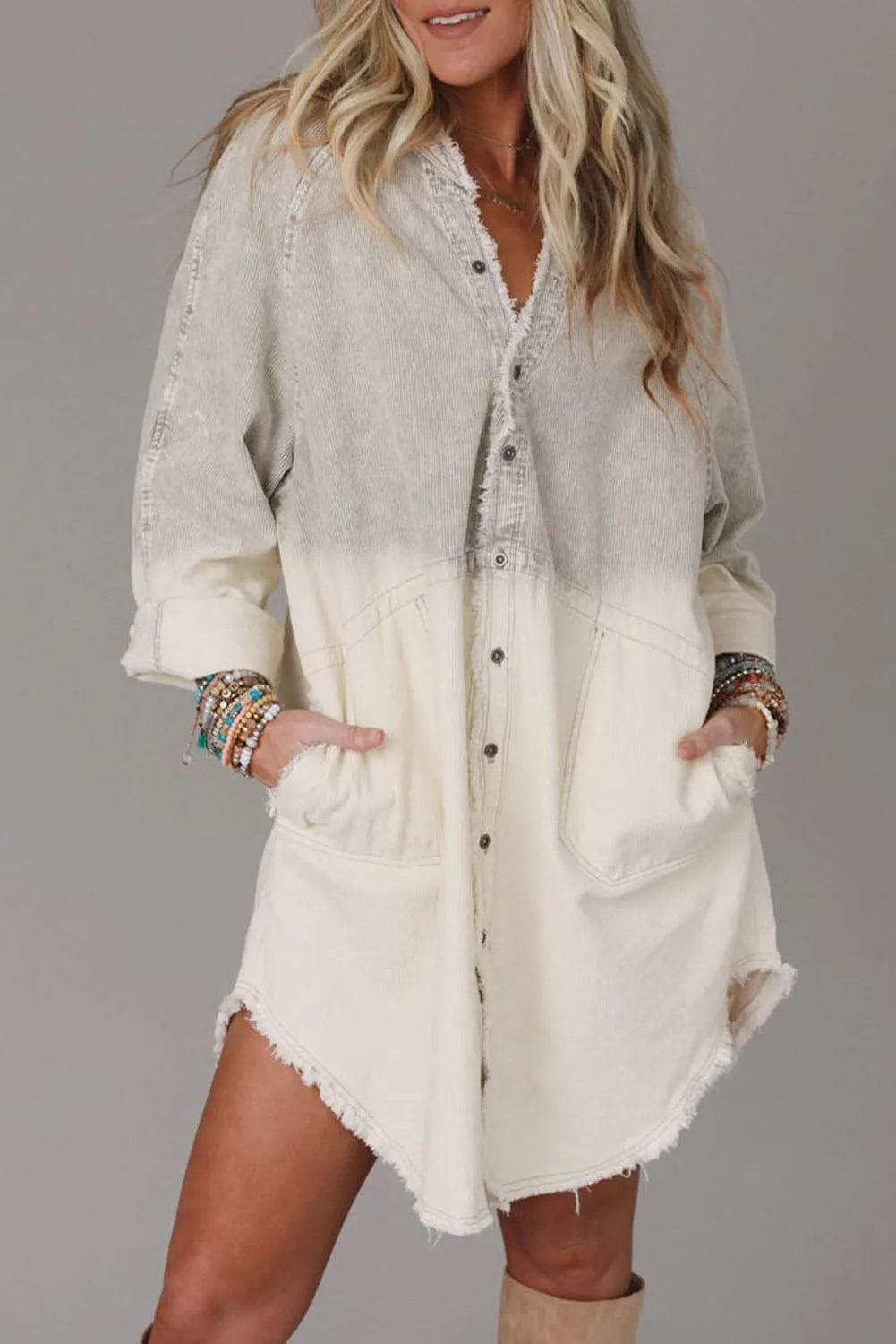 Gray Gradient Long Sleeve Button Up Raw Hem Denim Dress - Chic Meadow Boutique 