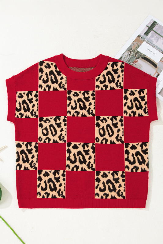 Red Leopard Checkerboard Short Sleeve Knit Sweater