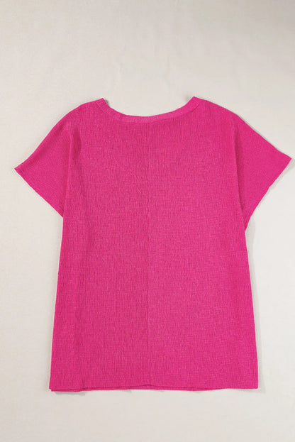 Bright Pink Textured V Neck Bubble Hem Plus Top - Chic Meadow Boutique 