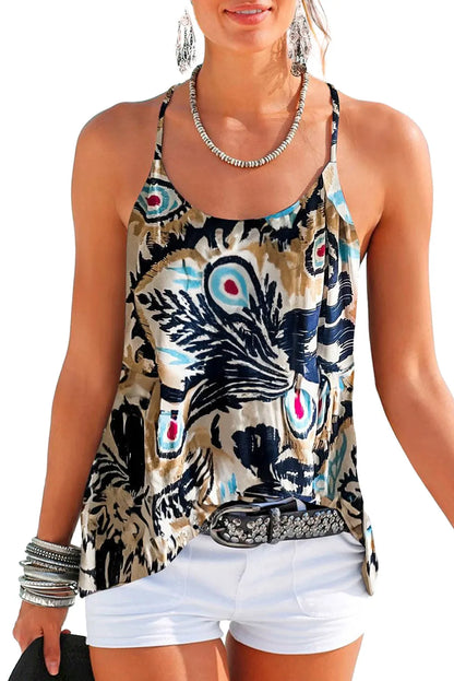 Beige Floral Spaghetti Straps Strappy Back Tank Top - Chic Meadow Boutique 